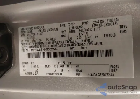 2017 Ford F-150 Xl из США, поврежденный, VIN 1FTMF1C88HKD02580